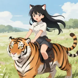 an anime girl with cat ears riding a tiger, trending on pixiv