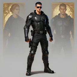 full body and face character design of realistic alt art government federal agent slick hair black t shirt kevlar tactical bulletproof armor jacket sunglasses heroic pose artgerm greg rutkowski alphonse mucha trending