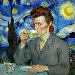 david bowie drinking tea in space, van gogh style