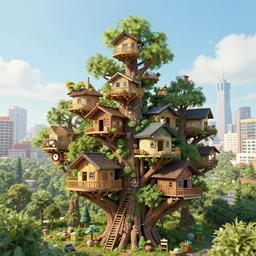 city made of treehouses, highly detailed digital art, trending on artstation, by feng zhu