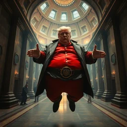 ultra wide shot full body photograph of an obese donald trump, dressed as baron vladimir harkonnen from dune, using his anti gravity belt to float around the interior of the hagia sophia, cinematic, futuristic