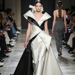 extremely beautiful female statue wearing avant garde asymmetrical distorted comme de garcon haute couture gown in the style of rei kawakubo, couture, avant garde, matthew williams, givenchy, balenciaga, yohji yamamoto, japanese avant garde fashion, fashion, paris, runway, collection, beautifully lit, glossy, hd, 4 k, 8 k, extremely clear focus, sharp, award winning fashion photograph