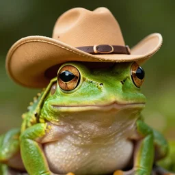 a frog wearing a cowboy hat, a macro photograph, shutterstock contest winner, uhd image, shiny eyes, macro photography