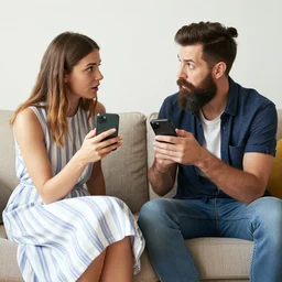 a woman in a white and blue striped dress and a bearded hipster argue about iphones on a sofa