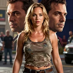 movie still of muscular bodybuilder jennifer lawrence, scruffy damaged clothing, standing in street, cinematic lighting, octane render, photorealistic, closeup at the faces, digital painting, drew struzan, gta v cover art