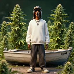 snoop dog standing of a boat in front of huge cannabis plants, realistic digital art, highly detailed
