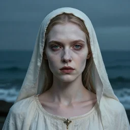 realistic, priestess, skin tinted a very pale tone, detailed facial features, folk horror, ocean in the background