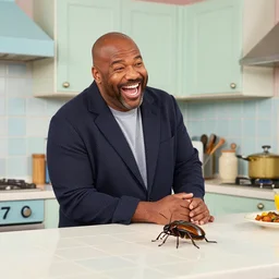 steve harvey laughing at a bug in a pastel tiled kitchen with tacky 7 0's furnishings
