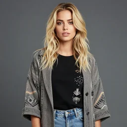 portrait photograph of hipster olive skinned blonde female in her twenties wearing designer clothes