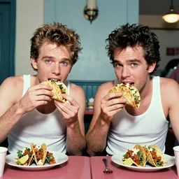 two guys eating tacos in tank tops, andy warhol style photograph