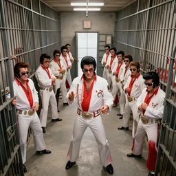 A large jail holding cell with a dozen or more Elvis impersonators inside, photorealistic 4k