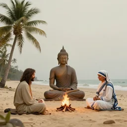 buddha, mother theresa, gandhi and hippy jesus at the beach sitting on the sand next to a campfire with palm trees in the back, gloom haven, matte painting concept art, art nouveau, beautifully backlit, swirly vibrant color lines, fantastically gaudy, aesthetic octane render, 8 k hd resolution, hyper realistic, focused, extreme details, masterpiece