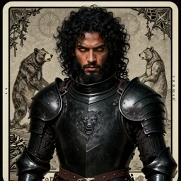 portrait of a alluring male warrior in simple black plate armor, scars, bear motif, face details, black curly hair, beard, dark skin, honey eyes, badass, dark fantasy, sharp focus, award - winning, masterpiece, highly detailed, intricate, by rebecca guay, rossdraws, tarot card border