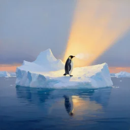 the most beautiful panoramic landscape, oil painting, where a giant iceberg is lost in middle of the artic ocean, a giant penguin is exhaling steam while walking over the iceberg, there is nothing else, the artic ocean is reflecting the giant penguin over the iceberg and the ray lights of the sunset are brightening him, by greg rutkowski, minimal style,
