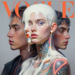 3 d, close - up, liquid white oil, fashion model with neon tattoo, vogue cover style, poster art, high detail, intricate oil painting, multiple exposure, hyperrealism, 3 d, by tooth wu and wlop and beeple and greg rutkowski