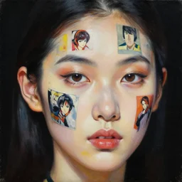 photorealism oil painting, close - up portrait of fashion model with random art at face, black background, in style of classicism mixed with 8 0 s japanese sci - fi books art
