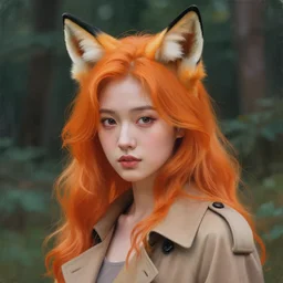 portrait painting by shigenori soejima, beautiful girl, fox ears, focus on face, forest background, pretty, cinematic lighting, painterly, long wavy orange hair, light brown trenchcoat