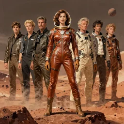 5 0 s pulp scifi fantasy illustration full body portrait slim woman in leather spacesuit on rocky mars, by norman rockwell, roberto ferri, daniel gerhartz, edd cartier, jack kirby, howard v brown, ruan jia, tom lovell, frank r paul, jacob collins, dean cornwell, astounding stories, amazing, fantasy, other worlds