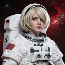highly detailed portrait of a hopeful pretty astronaut lady with a wavy blonde hair, by William Turner, 4k resolution, nier:automata inspired, bravely default inspired, vibrant but dreary but upflifting red, black and white color scheme!!! ((Space nebula background))