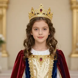 a 1 5 years old girl wearing regal clothes and a golden crown
