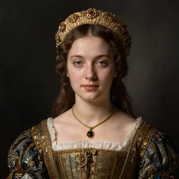 portrait of young woman in renaissance dress and renaissance headdress, art by william - adolphe bouguereau