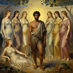 beautiful oil painting of a brown man and his 7 wives in the afterlife.