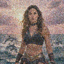 Mila Kunis wearing black choker, epic portrait of a very strong muscled Amazon heroine, sun beams across sky, pink golden hour, six-pack, stormy coast, elegant dolphins jumping from the water, intricate, highly detailed, shallow depth of field, epic vista, Ralph Horsley, Daniel F. Gerhartz, Artgerm, Boris Villajo, Lilia Alvarado