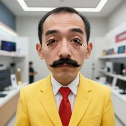 very very intricate photorealistic photo of a salesman in an electronics store with ants in his eyes, he's wearing a yellow suit with a red tie and mustache, award - winning crisp details