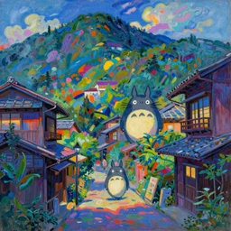 a japanese city in the mountain, ryokans and edo era houses, yokai walking around, epic cyberpunk, lofi vibe, colorful, vivide colors, amazing light, really beautiful nature, by jeremy lipkin, by claude monet, heavily inspired by makoto shinkai, kandinsky touches, inspired by ghibli, masterpiece, beautiful, multiple brush strokes, impressionist style, high contrast