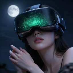epic masterpiece sweet dreams, virtual reality, cyberpunk, hyperrealistic, octane render, cinematic, night, moon, beautiful face and flawless skin, perfect hands, 5 fingers, emerald by Edgar Maxence and Ross Tran and Michael Whelan, Lorenzo Sperlonga Legends of Runeterra