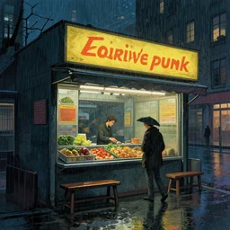 last open food place in a cyberpunk city on a rainy melancholy night by de chirico