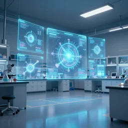 science lab illuminated by holographic screens showing scientific images, control panels, reflections, descent high quality octane rendering, 8K