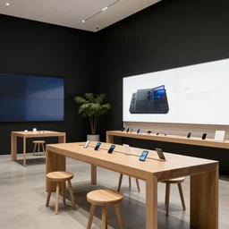 (2050s Microsoft minimalist zen japandi retail interior. Mobile phones. large oak tables, empty stools, fragrant plants, large digital screens, polished concrete, black walls, timber accents) muted palette, architectural photography, wide shot, retaildesignblog.net, 14mm