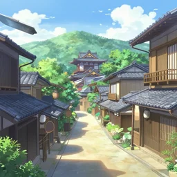 beautiful anime background of japanese traditional town at day, aesthetic beautiful drawing