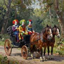 a detailed oil painting of jokers in horse carriage in the woods