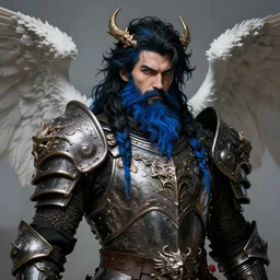 Dragon Knight, black and blue messy beard, ornamental armor, asymmetry, angel-inspired, by Frank Franzzeta, trending on Artstation, artstationHD, artstationHQ, extremely detailed, face, octane, cssociety, HD 8K