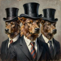 impressionistic painting of Cerberus  wearing several top hats and ties in the style of  Francisco Goya and Frans Snyders