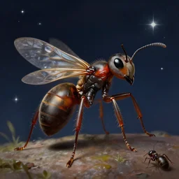 A detailed matte painting of an anthropomorphic  ant queen standing on her hind legs, stars in the background,  formian pathfinder,  digital art 4k,  Wayne Barlowe Greg Rutkowski