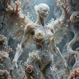 symbiogenesis, hybrid humanoid androgyne, biomorphic, geomythological, recursive features, concept art, sculpted iridescent glass, coral, translucidluminescence, intricate, kim jung gi, james jean, shaun tan, meridians, organic detail, cinematic, epic wide shot, ultra detailed, sharp focus, smooth, global illumination, photorealistic, 8