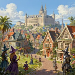 candid shot of a colorful coastal magical town with witches and knights, a grand university of magic and technology visible in the distance, sunny weather, inspired by victorian england and amsterdam, palm trees, highly detailed, intricate, digital painting, trending on artstation, concept art, matte painting, art by greg rutkwowski, craig mullins, octane render, 8 k, unreal engine