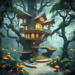 fantasy, futuristic treehouse in the style of kengo kuma, surrounded by jungle, parametric, wood, expansive grand scale, by studio ghibli, by makoto shinkai, soft atmosphere, exotic plants, fireflies, mushrooms, magic, 8 k, god rays