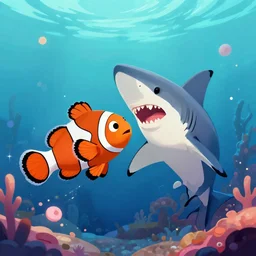 a clownfish fighting a shark, digital art