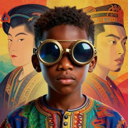 colourful vfx upper half - portrait - art of a nigerian boy wearing steam punk goggles, art by utagawa kunisada & james jean, digital render, digital illustration, concept art, caricature, volumetric light, ray tracing, symmetrical, unreal engine, octane 3 d render, sharp, detailed, intricate detail, pinterest, behance, art station,