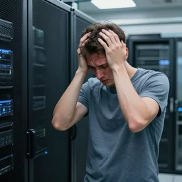 Very nervous upset sad people sweating and placing their hands on their head standing next to servers that say Stability Diffusion render farm. Photo realistic. Sad but funny.