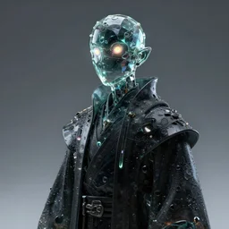 A concept art of a character made of glass with a black dark robe, colorful glowing eyes, ArtstationHQ, 8K