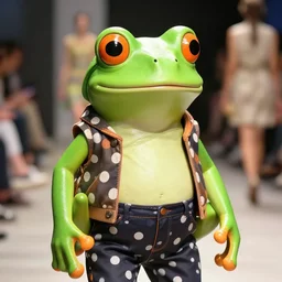 fashion show event where a green tree frog is wearing a polka dot clothes, photo realistic, unreal engine, trending on artstation