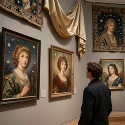 museum curator looking at image portraits on museum walls with stars and hanging silk drapery and tapestries, light dust, magnificent, close up, sharp focus, elegant, highly detailed, illustration, by jordan grimmer greg rutkowski wlop maya takamura, intricate, trending artstation, pixiv, digital art