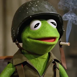color still from apocalypse now, close up of kermit the frog smoking a cig, wearing army helmet, by vittorio storaro, cinematic shot