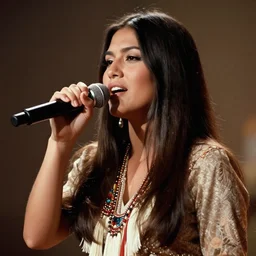 a photo of a beautiful and young female singer of native american descent with long dark hair singing taken in 1 9 7 6, 7 0 s style photography, aesthetically beautiful, elegant, high quality, trending on pinterest