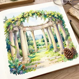 delicate garden on paper floating puffy vines old book botanical herbarium botanic watercolors iridescent 8 k wide angle realistic artstation italian rainbow colonnade oak pinecone architecture pompeii